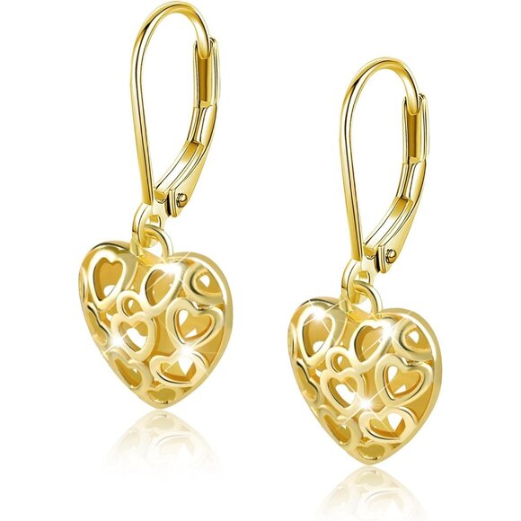 Jewelry - 925 Sterling Silver 14K Gold French Leverback Heart Dangle Earrings for Women
